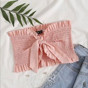 Frill Trim Tie Front Shirred Tube Top